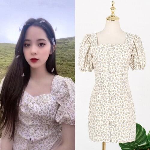 KPOP IU Lee Ji Eun Vintage sexy Puff sleeve floral dress Women Summer new Holiday Party sweet elegant Square Collar mini dresses