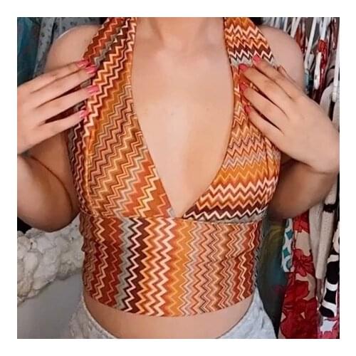 Women Halter Crop Tank Tops Summer Casual Y2K Fashion Sleeveless Deep V Neck Floral/Wavy Straipes Print Tie Back Camisole