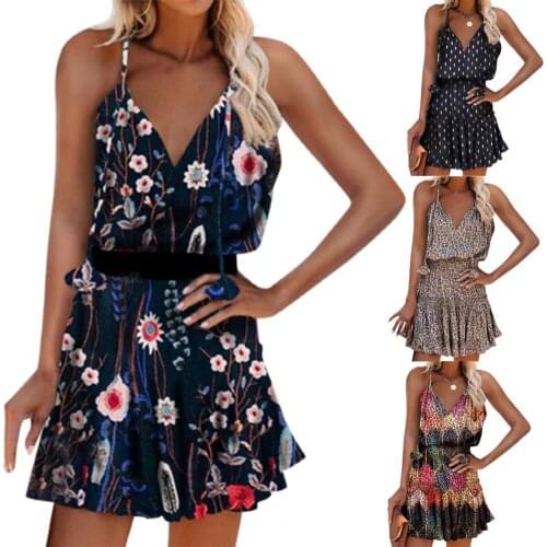 Summer Dress Printed Spaghetti Strap Women Deep V Neck Ruffle Skirt Casual Loose Pleated Dress Plus Size Beach Dresses Vestidos