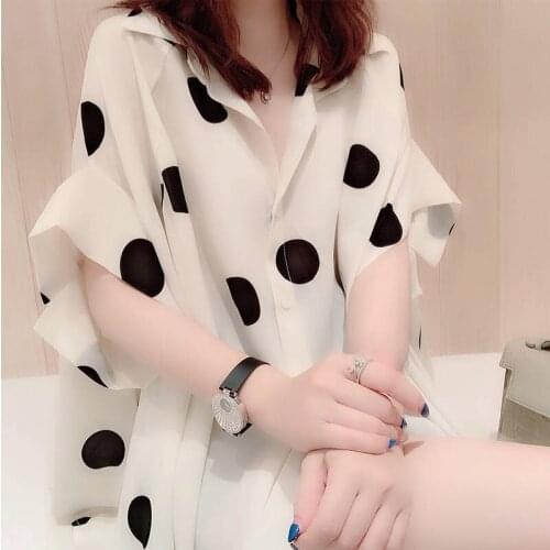 Summer Sun Protection Clothing Fashion Loose Polka Dot Top Shirt Solid Color Wild Bat Sleeve Cardigan Shirt