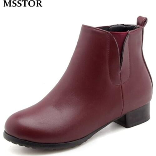 MSSTOR Round Toe Womens Casual Flat Shoes Short Plush Plus Size Office Winter Boots Women Fashion Slip-On Boots Ankle Women 3CM