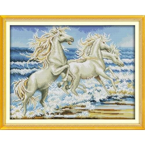 The Horses By The Sea Chinese Print Pattern Cross Stitch Embroidered Needlework Diy Kits Counting Pattern on Canvas Set Animal