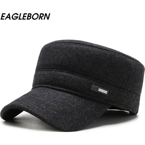 2021 New Woolen Black Hat Military Winter Hat Cap for Men Dad Hat Ear High Quality Adjustable Classic Men Cap
