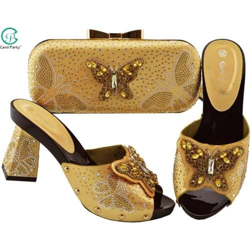 New Fashion Style Gold Color African Matching Ladies Shoes and Bags Italian In Women Nigeria Shoe and Bag set for Wedding