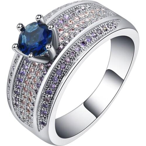 New Fashion Female Wedding Bands Jewelry white Gold Color Engagement Ring for Women blue CZ Stone Paved Promise Rings