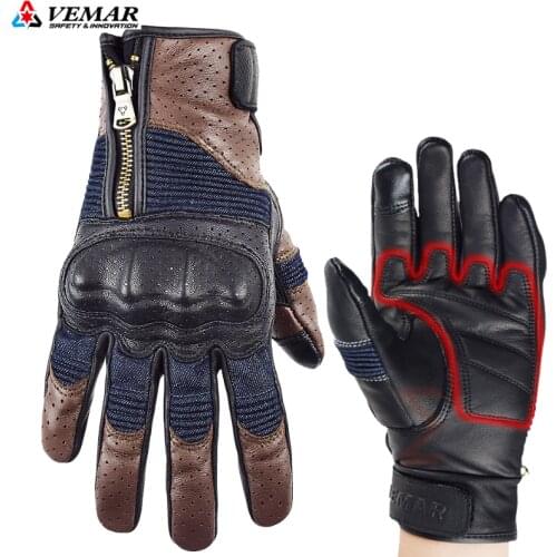 VEMAR Motocross Gloves Perforated Genuine Leather Motorcycle Gloves Retro Brown Touch Screen Gloves Motorcyclist Men Summer
