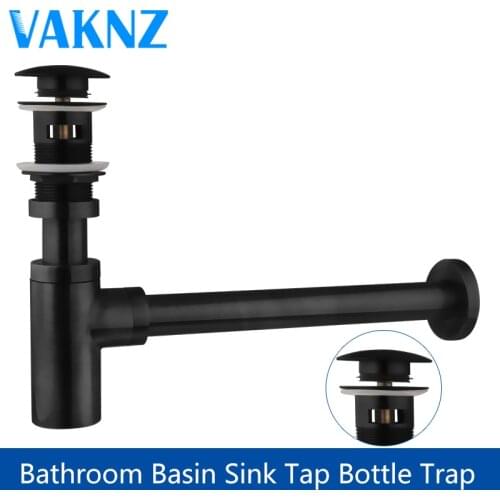 VANKZ Basin Pop Up Drain Black Brass Bottle Trap bathroom drains Siphon Drains with Pop Up Drain Kit P-TRAP Pipe Waste Hardware