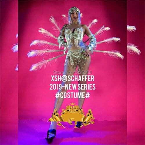 Silver flash tassel headdress feather fan performance bikini bra dance suit ballroom costumes catwalk model TV show clothes