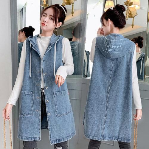 Sleeveless Spring Autumn Mid-length Windbreaker Loose Wild Hooded Denim Vest Large Size Womens Waistcoat Jeans Shirt Top r203