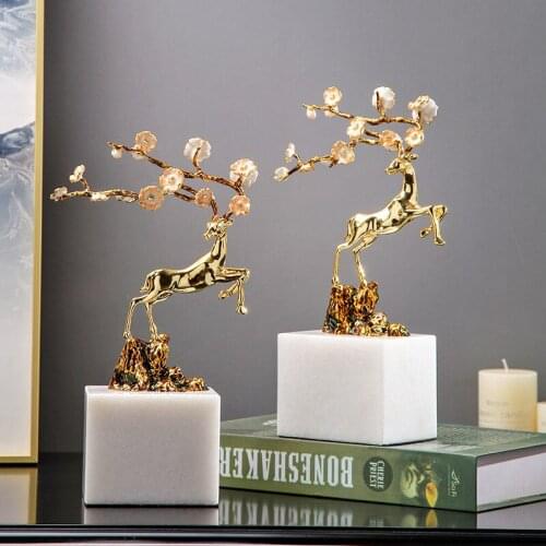 Light luxury Alloy Deer Ornaments Marble Base Sika Deer Creative Modern Living Room TV Cabinet Wine Cabinet Decorative Crafts