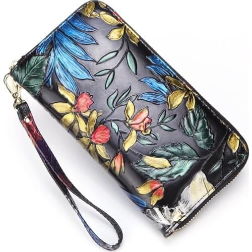 Women Genuine Leather Long Purse Wrist Clutch Bags Cowhide Floral Pattern Retro Coin Cash ID Card Holder Money Handy Bag Wallet
