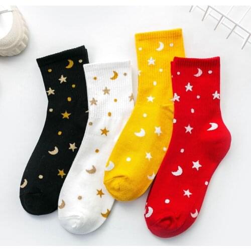 Stars Moon Cotton Womens Socks Creative Funny Socks Fashion Ladies Universe Starry Sky Trend Harajuku Novelty Middle Tube 35-43