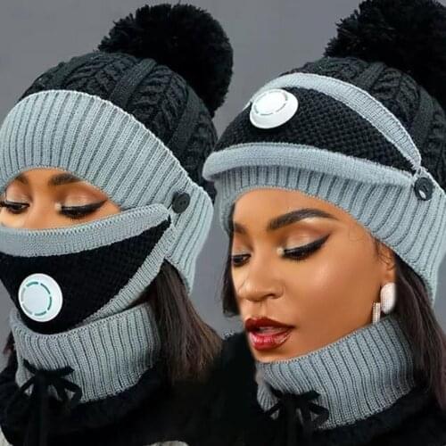 Cycling Caps Winter Women 3 Piece Warm Wool Beanies Hats With Mask Collar Bib Female Velvet Thick Anti- Knit Caps For Cute Lady