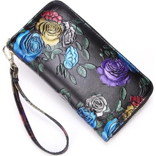 New Women Cowhide Long Wallet Handy Bag Rose Pattern Retro Coin Cash Card Holder Genuine Leather Wrist Clutch Bags Money Purse