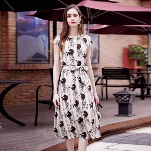 2021 Spring And Summer New Womens Lace-Up Waist Mulberry Silk Temperament Fashion All-Match Long Skirt Silk Print Ladies Dress