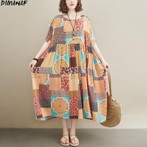DIMANAF Plus Size Women Dress Summer Sundress Cotton Beach Style Holiday Print Dress Lady Vintage Loose Casual Maxi Dress 2021