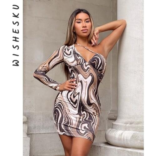 Women Swirl Print One Shoulder Bodycon Mini Dress Sexy V Neck Nightclub Party Evening Dresses 2021 Summer Casual Outfits