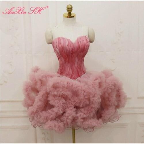 AnXin SH pink short princess white feather sisters birthday fluffy beading crystal evening dress strapless little black dress