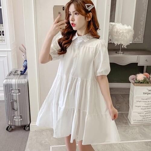 Korean Summer white black shirt Dress Women Kawaii Pleated Mini Dress Plus Size Puff Sleeve pleated dress vestidos