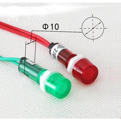 10Pcs AC 220V Neon Indicator Pilot Signal Lamp Red Green yellow Light w 7.7" Long Cable 10mm XDN1-C