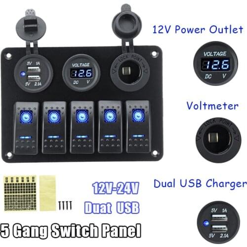 5-Gang 12V LED Rocker Switch Panel Digital Voltage Display Voltmeter Dual USB Port Outlet Combination Waterproof Car Marine Boat