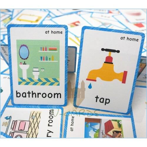 63pcs Kids English Learning Flash Cards Kitchen Bedroom Living Room Bathroom Word Poster Kindergarten Classroom Wall Decoration