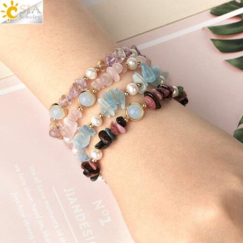 CSJA 2021 Natural Crystal Bracelet for Women Kids Colorful Chip Beads Pearl Bracelets & Bangles Gem Stone Quartz Pulseras G681