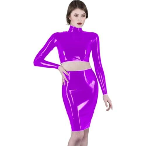 Women Sexy 2pcs Skirt Crop Top Spring/Autumn Summer PVC Long Sleeve Bodycon Top with Skirt Sexy Clothes for Women Matching Sets