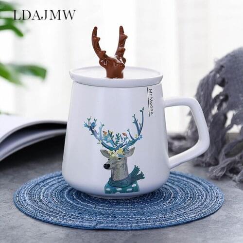 Coffee cup with lid/milk cup Nordic creative antler ceramic cartoon student couple style family daily drink utensil
