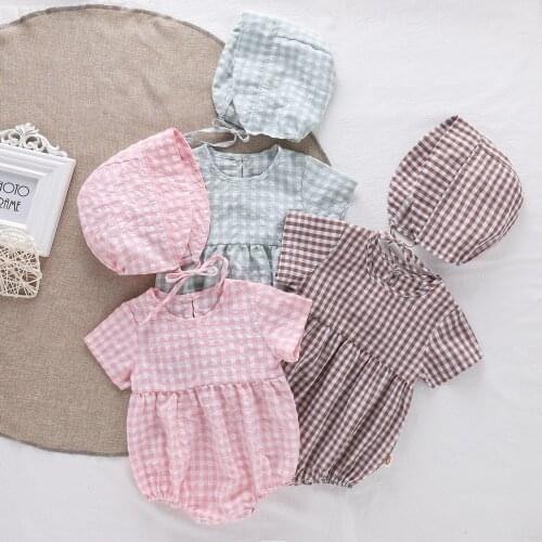 2021 Kids Baby Rompers Boy Girls Plaid Jumpsuit Toddler Cotton Jumpsuit + Hat 2 Sets Baby New Born Birthday Party Romper