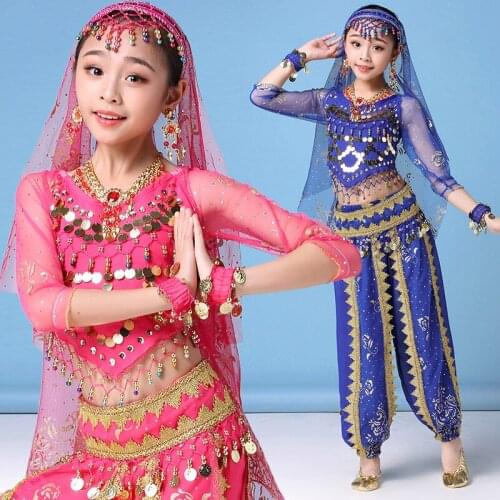 Children Belly Dance Suit For Girls Kids Indian Bollywood Dancing Clothes Oriental Stage Performance Dance Wear Half Sleeve Top