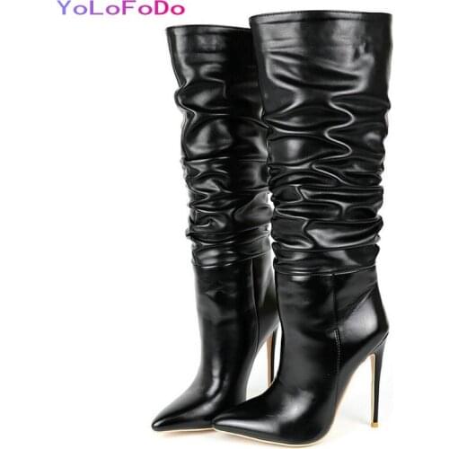 Faux Leather Women Knee High Boots Fashion Pointed Toe Thin High Heel Women Winter Boots Plated Womans Shoes Plus Size 34-43