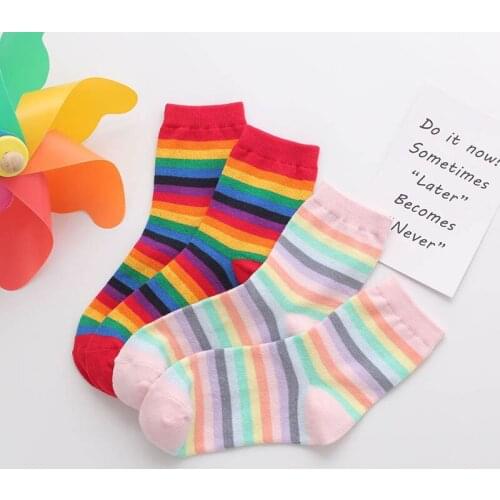 New Women Socks Long Cotton Rainbow Color Striped Printed Novelty Fashion Lady Autumn Socks Casual Retro Harajuku Female Socks