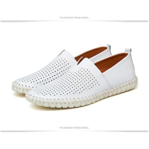 New mens shoes hollow out top layer cowhide casual hand-made Doudou shoes soft leather soft sole breathable shoes large size