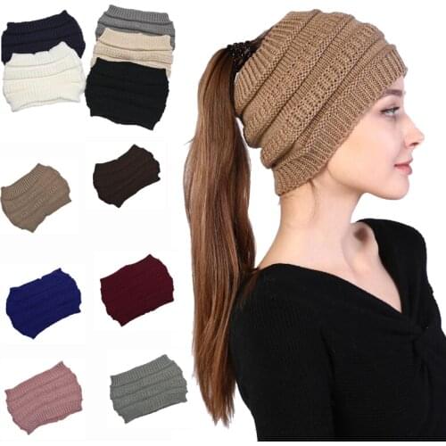 New Autumn Winter Women Ponytail Beanies Cap Lady warm Elastic Knitted Skullies Beanie Hat Fashion Female Hat Warm