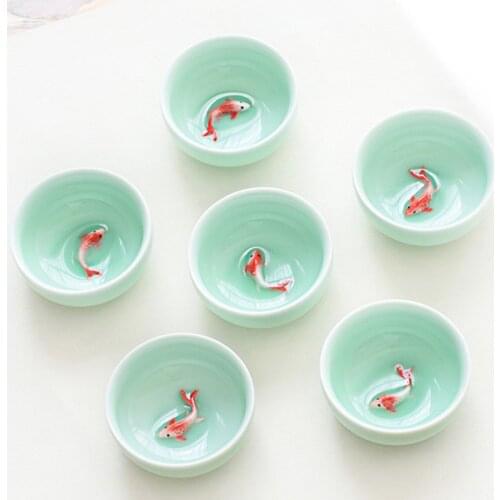 New Design 6pcs Celadon Golden Fish China Tea Set,kung Fu Tea Cup Set Crackle Glaze Travel Tea Bowl Chinese Porcelain Teacup Set