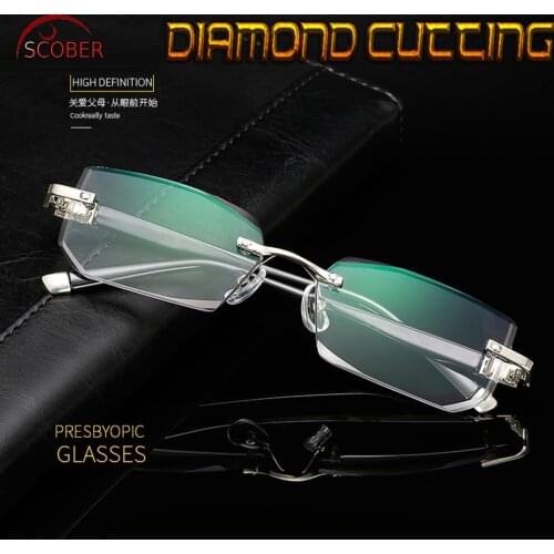 = SCOBER = Noble Elegant Diamond Cutting Gray lenses Men Women Rimless Reading Glasses +0.75 +1 +1.25 +1.5 +1.75 +2 +2.25 to +4