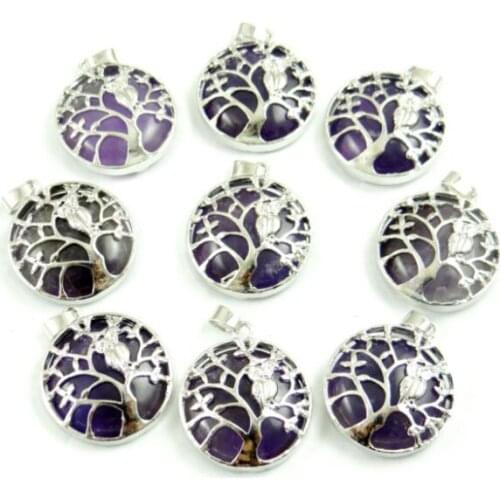 Natural Stone Quartz Crystal tiger eye Turquoises Tree of Life Round Shaped pendant for diy jewelry making necklace1pcs A10