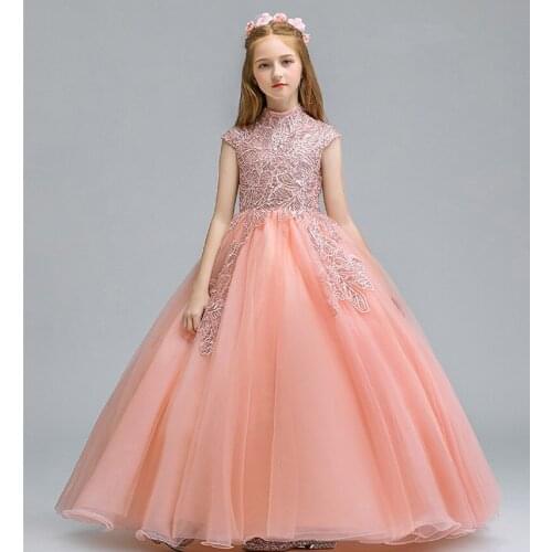 Beads Sequin Tulle Girls Dress Children First Communion Party Gown Elegant Princess Long Tulle Baby Girls Wedding Ceremony Dress