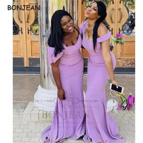 African Violet Off the Shoulder Mermaid Bridesmaid Dresses Long Elastic Satin Black Girls Bridesmaid Dress Wedding Party Gowns