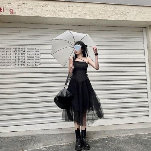 Summer Slim Sexy Party Camisole Dresses Japanese Harajuku Vintage Slash Neck Sleeveless Sweety Lace Black Dress For Female