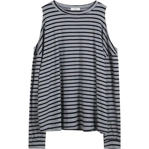 2021 Spring and Autumn off-shoulder Long-sleeved T-shirt Womens Design Striped Oversized Mid-length Top