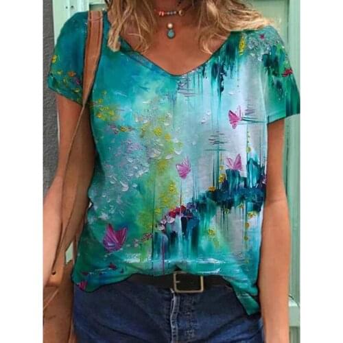Landscape Print Oversized Blouse Shirts Women 2021 Summer 3D Gradient V-Neck Tops Large Sizes Ladies Casual Short Sleeve Shirts