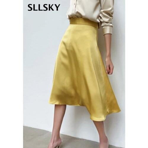SLLSKY OL Style Elegant A-line Ladies Skirts High Waist Solid Office Ladies Workwear Knee-length Skirts for Women 2020 Summer
