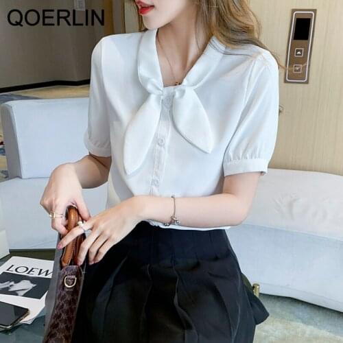 QOERLIN Big Size Blouse Temperament Short Sleeve Chiffon Blouse Bow Shirt Female Retro Summer Blue Tops Workwear Button Up Blusa