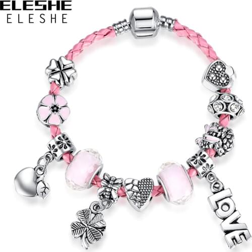 ELESHE Pink Glass Leather Bracelets for Women Silver Color Clover Love Heart Charm Bracelets Jewelry Pulseras Clearance Sale