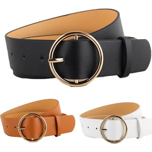 Women Ladies Classic Gold Round Buckle Waist Belt Faux Leather Jeans Waistband BLTLL0112