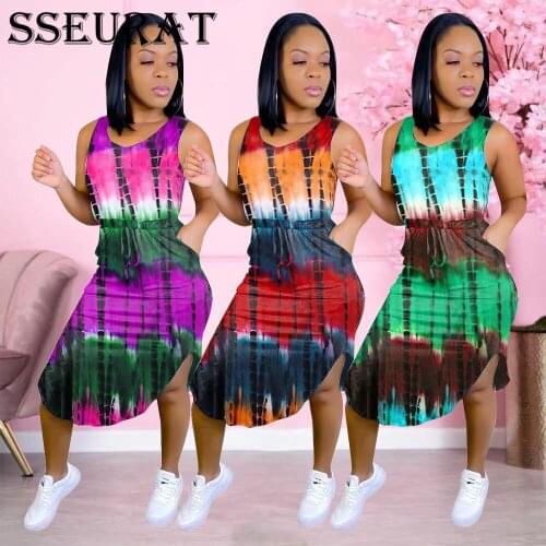SSEURAT Women Dress Printed Sleeveless Waist Slim Dresses Summer Fashion Casual Vestido