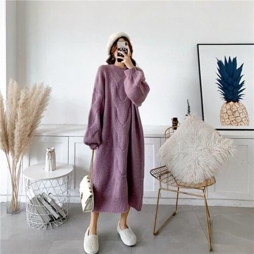 [ZAYAU]Twist Elastic Mohair Blended Knitted Wool Dress womens Autumn and Winter Pullover Sleeve Long Lazy Wind Coarse