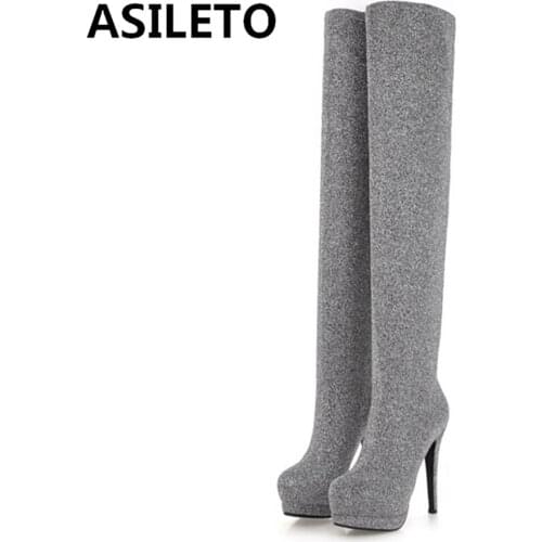 ASILETO 2021 Sexy High Heels Stiletto Over Knee Boots High Platform Elastic Sock Glitter Fabric Party Silver Big Size 43 S2486